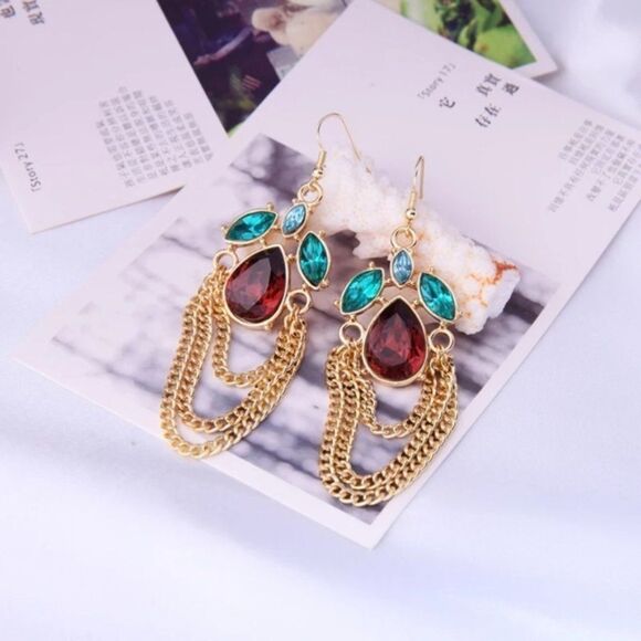 Red Green Crystal Floral Leaf Chain Gold Hook Dangle Statement Earrings - Picture 9 of 10
